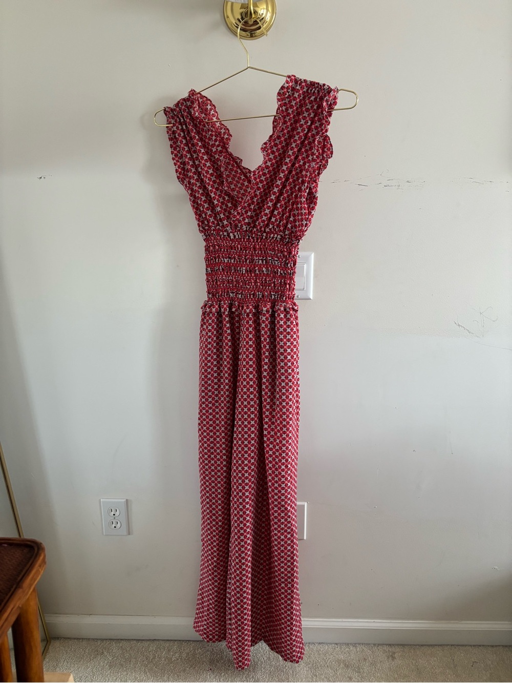 Max Studio Red Print Smocked Waist Wide Leg Jumpsuit XS